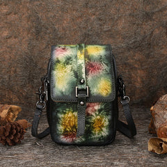 Green Floral Leather Womens VIntage Phone Shoulder Bag Small Side Bag Handmade Crossbody Purse for Ladies