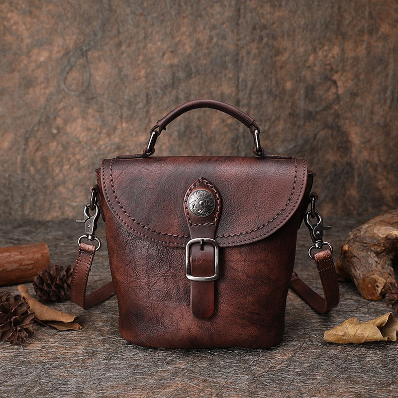 Vintage Leather Womens Bucket Shoulder Bag Handmade - Stitching Detail