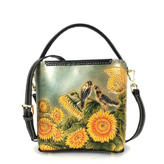 Handmade Womens Tooled Leather Square Handbag Purse SunFlower Crossbody Bag for Women