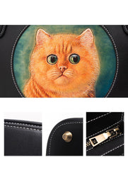 Handmade Womens Brown Leather Tote Handbag Purse Ginger Cat Tote Bag for Women