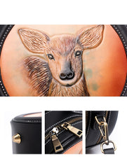 Handmade Womens Black Leather Round Handbag Purse Round Deer Crossbody Bag for Women
