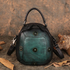 Small Green Leather Womens Rivets Shoulder Bag Barrel Small Handmade Handbag Purse for Ladies