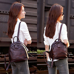 Classic Brown Leather Small Rucksack Womens Compact Leather Backpack Ladies Backpack Purse