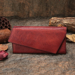 Red Womens Vintage Leather Trifold Long Wallet Geometry Clutch Long Wallet for Ladies