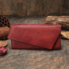 Brown Womens Vintage Leather Trifold Long Wallet Geometry Clutch Long Wallet for Ladies