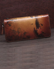 Handmade Womens Leather Zip Around Wallet Wash Painting Flowers Wristlet Wallet Ladies Zipper Clutch Wallet for Women