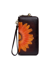 Womens Red Leather Zip Around Wallets Sunflower Wristlet Wallets Flower Ladies Zipper Clutch Wallet for Women