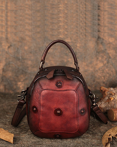 Small Red Leather Womens Rivets Shoulder Bag Barrel Small Handmade Handbag Purse for Ladies