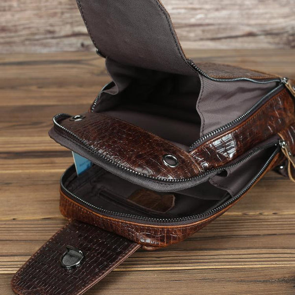 Crocodile Pattern Leather Backpack Men's Sling Bag Chest Bag Coffee One shoulder FY01282177