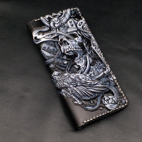 Black Handmade Tooled Japanese Samurai Skull Leather - Back View