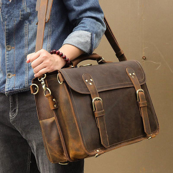 Cool Brown Leather Men's Large 16'' Briefcase - Back View