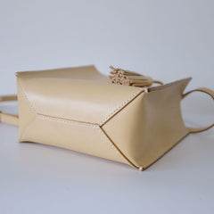 Handmade Leather Small Beige Womens Tote Shoulder Bag Handbag Purse Tassels for Women