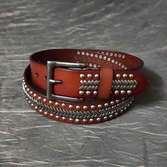 Cool Black Leather Metal Rock Belt Brown Motorcycle Punk Rivet Belt Leather Belt For Men