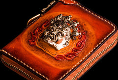 Handmade leather God Mahakala billfold biker wallet clutch zip wallet brown tooled - EverHandmade