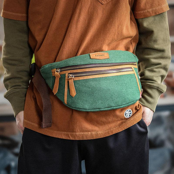 Green Canvas Leather Mens Chest Bag Waist - Back View