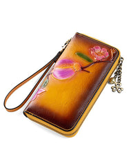 Plum Blossom Flower Coffee Leather Wristlet Wallet Womens Zip Around Wallets Flower Ladies Zipper Clutch Wallets for Women