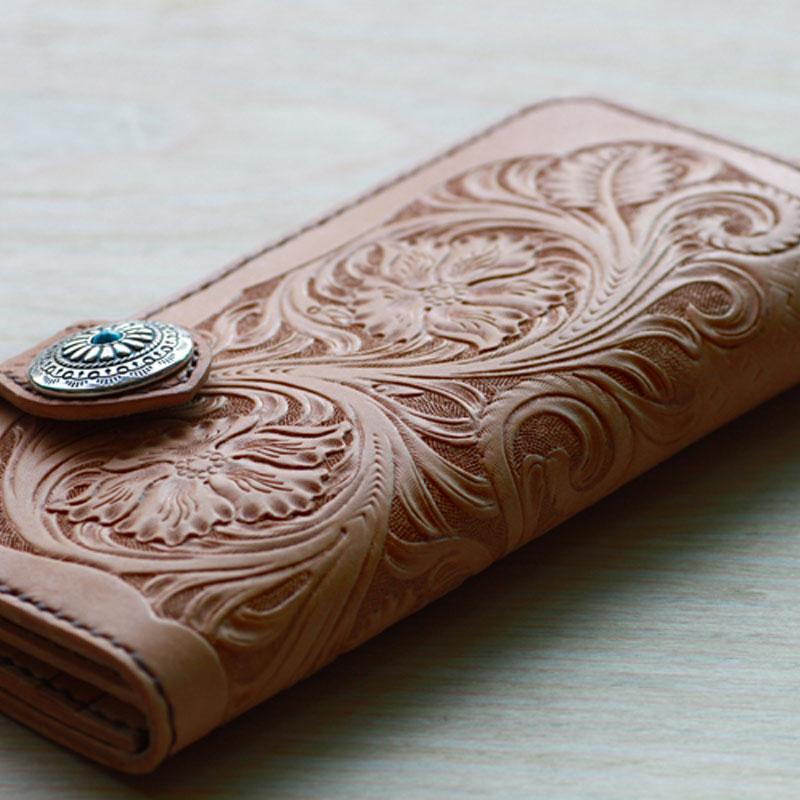 Handmade Mens Tooled Floral Beige Leather Long Biker Wallet Cool Long Chain Wallet for Men