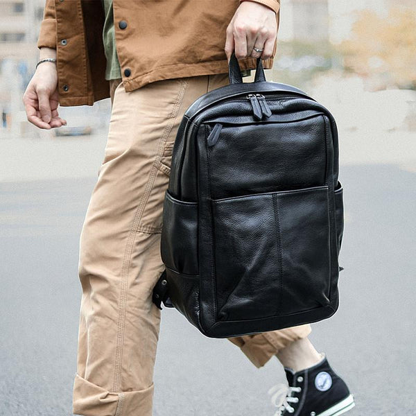 Black Cool Leather Mens School Backpack College Backpack 15" Black Computer Back ZOY0389093