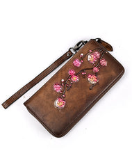 Womens Plum Blossom Flower Brown Leather Zip Around Wallet Wristlet Wallet Flower Ladies Zipper Clutch Wallet for Women