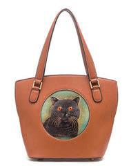 Handmade Womens Brown Leather Totes Handbag Purse Black Cat Tote Bag for Women