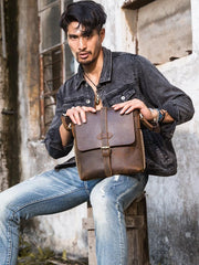 Dark Brown Casual Leather Mens 10 inches Vertical Side Bag Postman Bag Brown Messenger Bag Courier Bag for Men