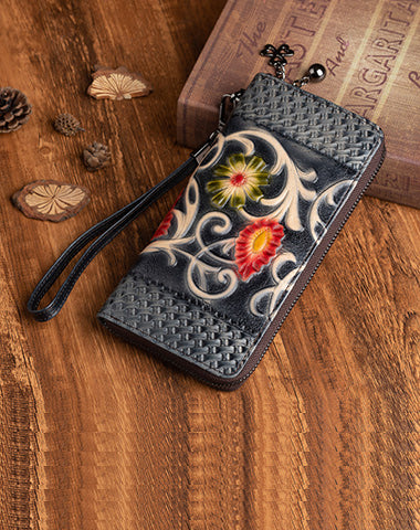 Vintage Floral Black Leather Wristlet Wallet Womens Zip Around Wallets Floral Ladies Zipper Clutch Wallets for Women