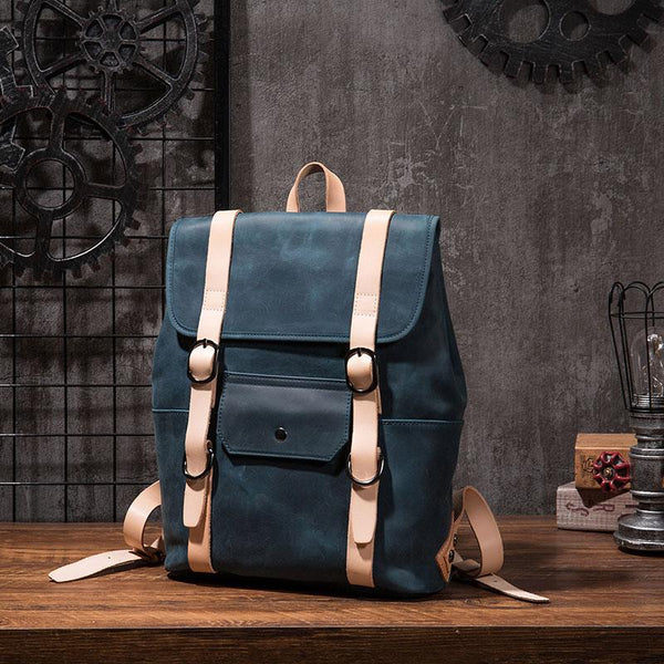 Cool Mens Blue Leather Backpack School Backpack Leather Laptop Backpack for Men REAL03591012
