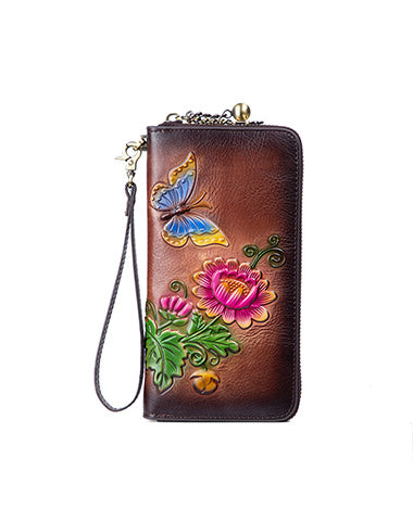 Womens Butterfly&Mums Flower Coffee Leather Wristlet Wallets Zip Around Wallet Flower Ladies Zipper Clutch Wallet for Women