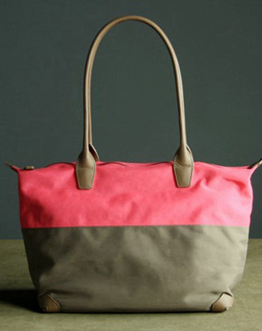 Pink&Khaki Womens Nylon Shoulder Handbag Womens Nylon Contrast Color Pink Shoulder Work Purse Nylon for Ladies