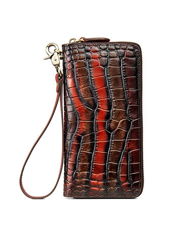 Crocodile Pattern Coffee&Yellow Leather Wristlet Wallet Womens Zip Around Wallet WW00991036