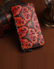 Vintage Womens Floral Red Leather Zip Around Wallet Floral Ladies Zipper Clutch Wallet for Women