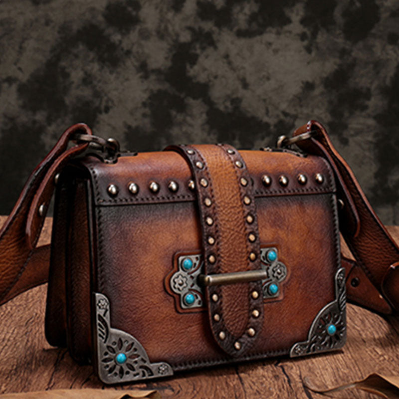Vintage Brown Leather Small Rivet Shoulder Bag Retro Crossbody Purse For Women