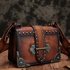 Vintage Brown Leather Small Rivet Shoulder Bag Retro Crossbody Purse For Women