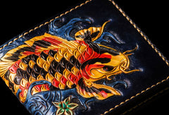 Handmade leather tooled fish carp wallet clutch black billfold wallet brown leather men - EverHandmade