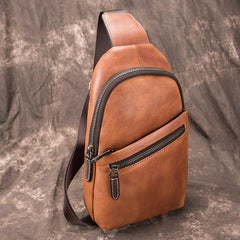 Gray Leather Men's Sling Bag 8 inches Brown Chest Bag One Shoulder Backpack For Men