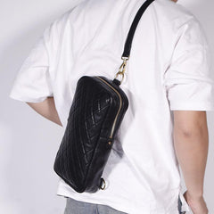 FASHION BLACK LEATHER MEN'S 10 INCHES SLING BAG ONE SHOULDER MESSENGER BAG CHEST BAG DIAGONAL BAG FOR MEN