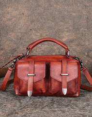 Vintage Red Leather Womens Satchel Shoulder Bags - Front View