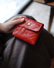 Vintage Womens Red Leather Billfold Wallet Small Wallet with Coin Pocket Mini Envelope Wallet for Ladies