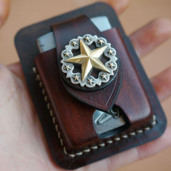 Handmade Coffee Leather Classic Zippo Lighter Case - Back View