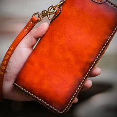Handmade Leather Mens Chain Biker Wallets Cool Leather Wallet Long Clutch Wallet for Men