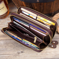 Cool Dark Brown Mens Bifold Zipper Long Wallet Clutch Wallet Wristlet CellPhone Wallet for Men