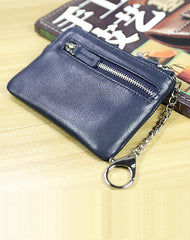 Cute Women Navy Leather Mini Zip Billfold Wallet with Keychain Navy Coin Wallet Small Zip Change Wallet For Women