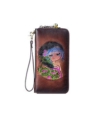 Womens Leather Zip Around Wallets Singing Girl Wristlet Wallets Flower Ladies Zipper Clutch Wallet for Women