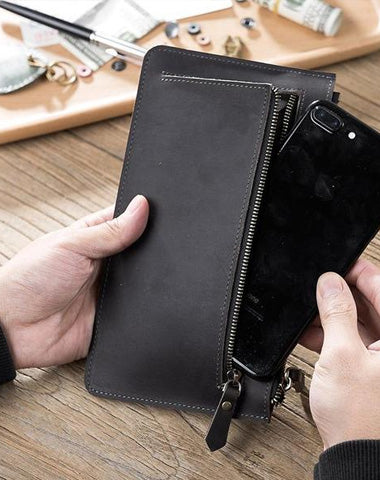 Handmade Leather Mens Clutch Wallet Cool Leather Wallet Zipper Phone Wallets for Men
