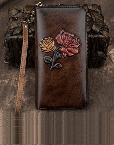 Womens Rose Flowers Coffee Leather Wristlet Wallets Zip Around Wallet Flowers Ladies Zipper Clutch Wallet for Women