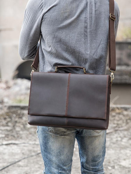 Dark Brown Leather Mens Large 14 inches Work Briefcase Laptop Bag Messenger Bags HB04891137