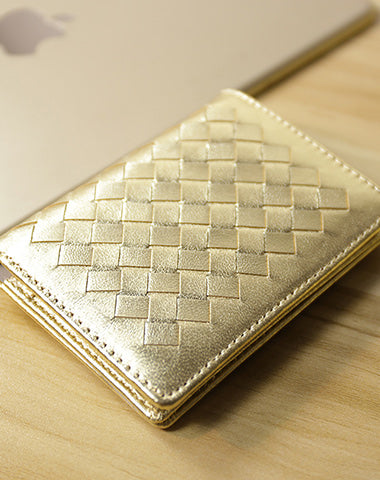 Women Gold Braided Leather Billfold Wallet Small Wallets Bifold Wallets For Women