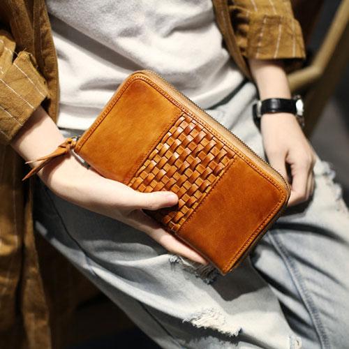 Vintage Brown Braided Leather Long Zipper Clutch Wallet Phone Purse Clutch For W CM02991050