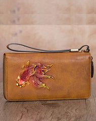 Goldfish Tan Leather Wristlet Wallets Womens Zip Around Wallet Ladies Zipper Clutch Wallets for Women