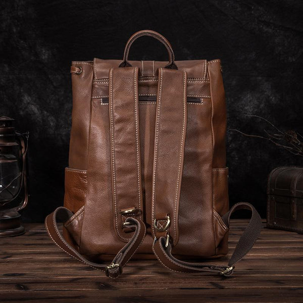 Top Brown Leather Men's Satchel Backpack Computer Backpack 14 inches School Back FY02782200